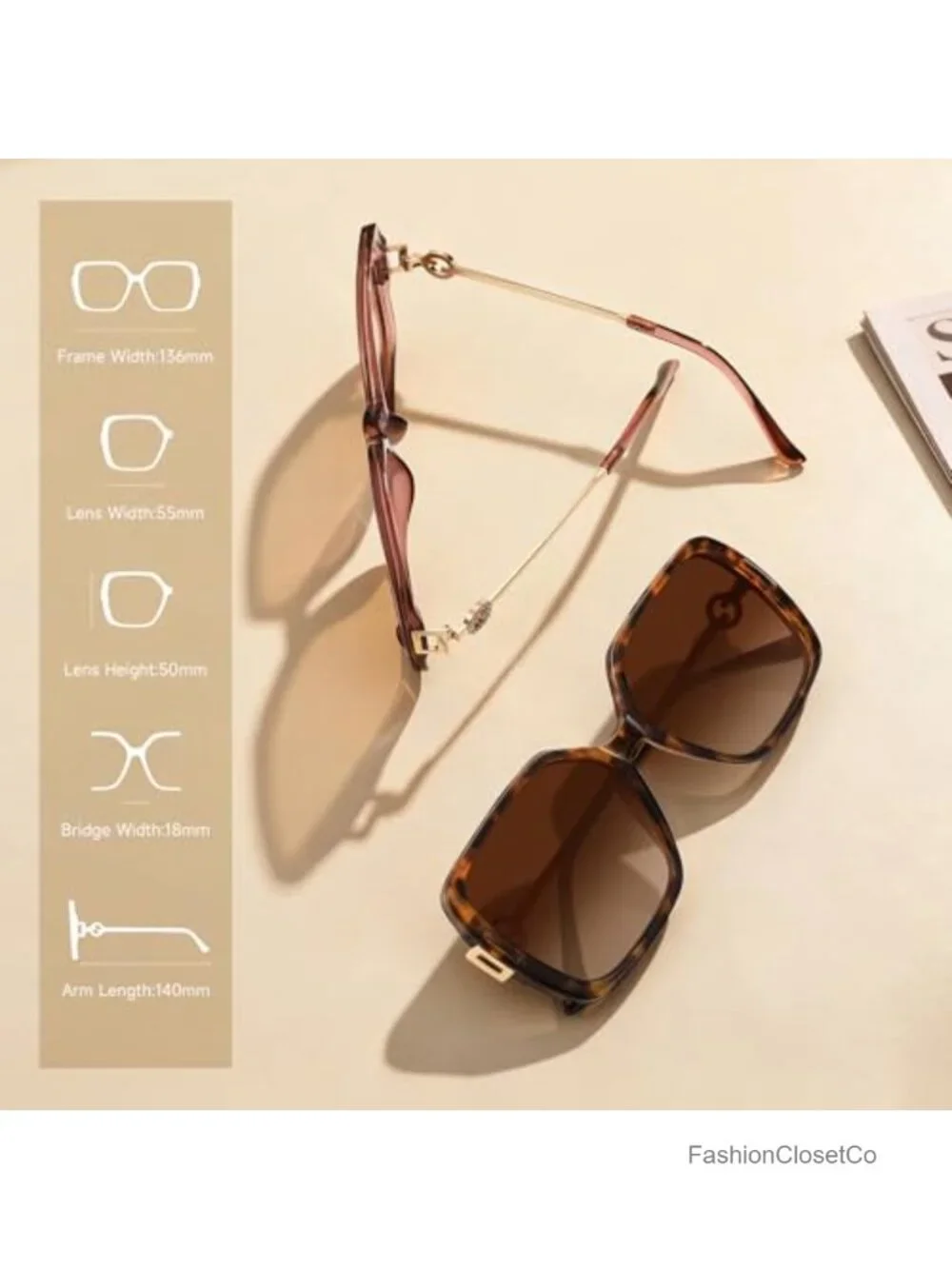 Oversized Retro Square Sunglasses for Women with Metal Temples Polarized UV